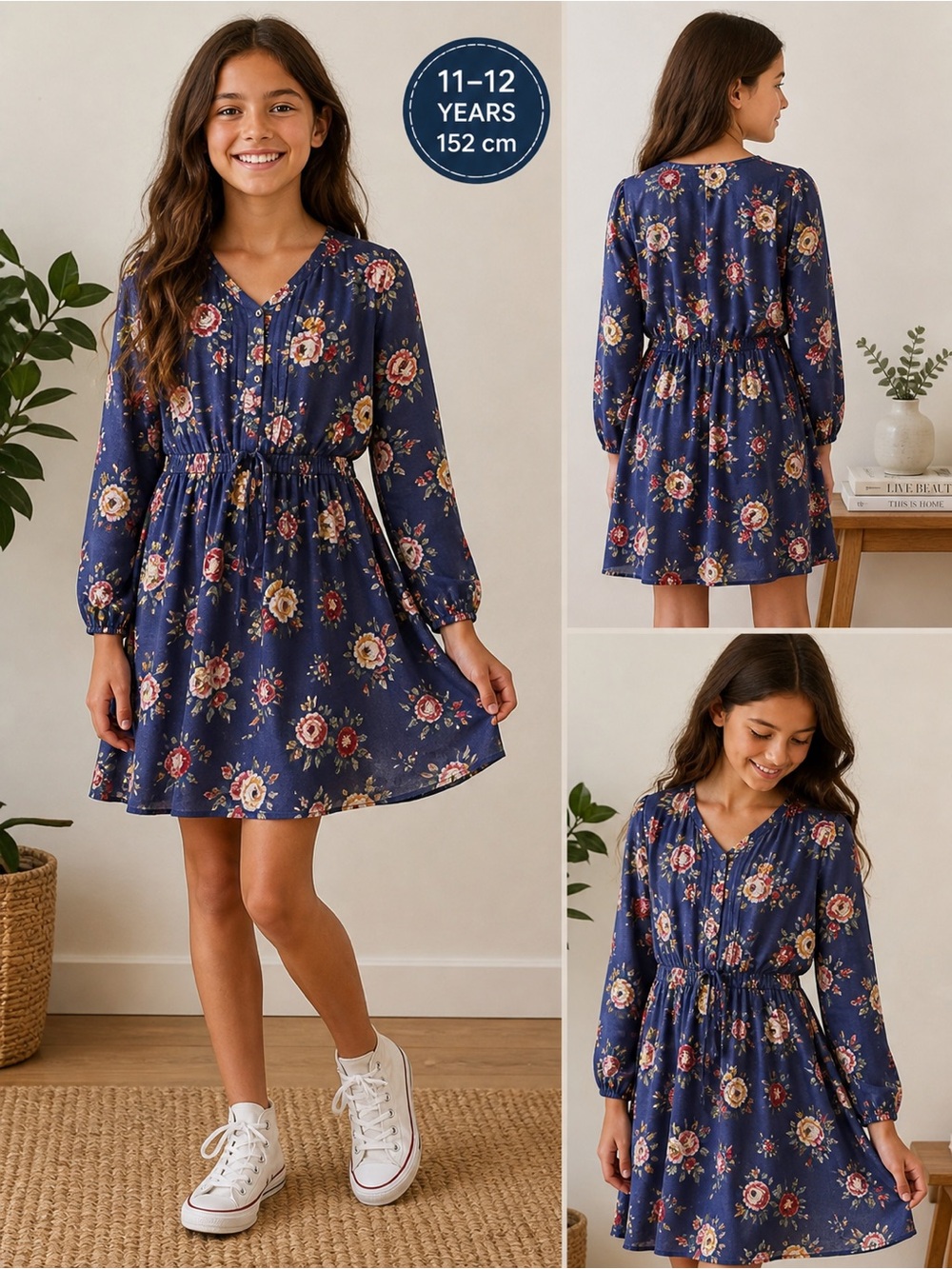 Mango Navy Floral V-Neck Long-Sleeve Drawstring Dress
